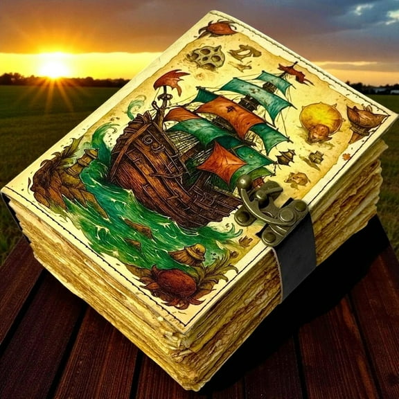 Handmade Leather Journal with Vintage Ship Artwork – 5x7 Inch Writing Notebook, 200 Handmade Deckle Pages, Antique-Style Lock, Travel Diary & Gift