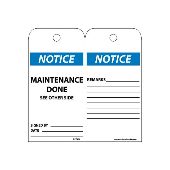 National Marker Accident Prevention Tags; Notice Maintenance Done 6X3 Unrip Vinyl 25/Pk RPT108