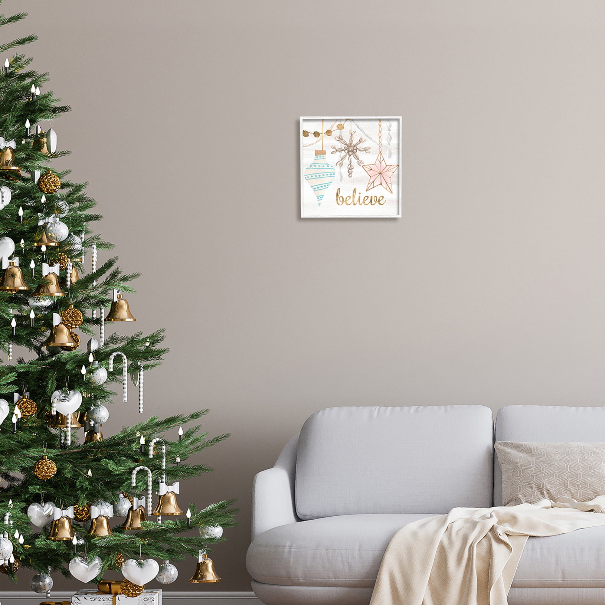 Glimmering Believe Text Holiday Ornaments Star Snowflake Inspirational Graphic Art Framed Art Print Wall Art