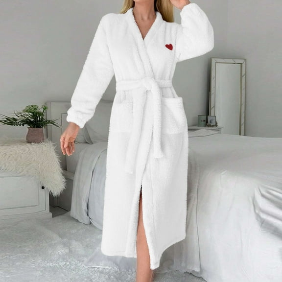 Plush Bathrobe For Women Fleece V Neck Heart Print Fleece Fuzzy Nightgown Thermal Comfy Home Wear With Pockets (XL, White)