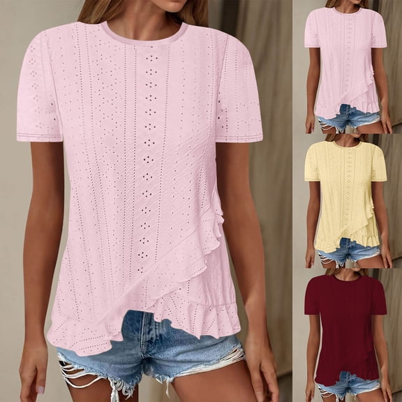 Swuxness Women Short Sleeve Casual T Shirts, Spring and Summer Tops, Ladies Crew Neck Solid Color Fashion Comfortable Loose Pullover Tee Pink, XL