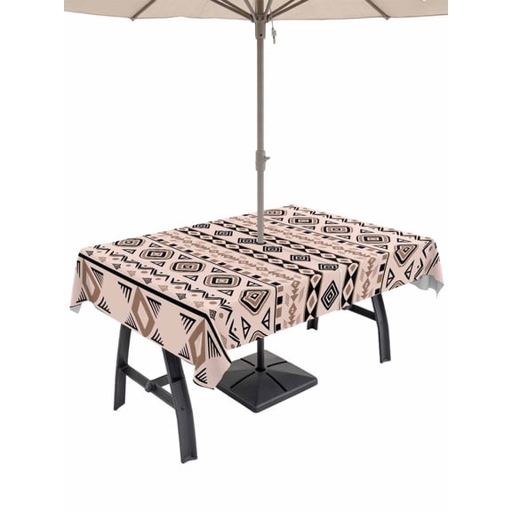Outdoor Tablecloth with Umbrella Hole for Patio/Picnic/Party/Camping, Red Black Boho Waterproof Table Cloth Rectangle Table Cover Washable, Vintage Ethnic Tribe Abstract Art (60"x 84")