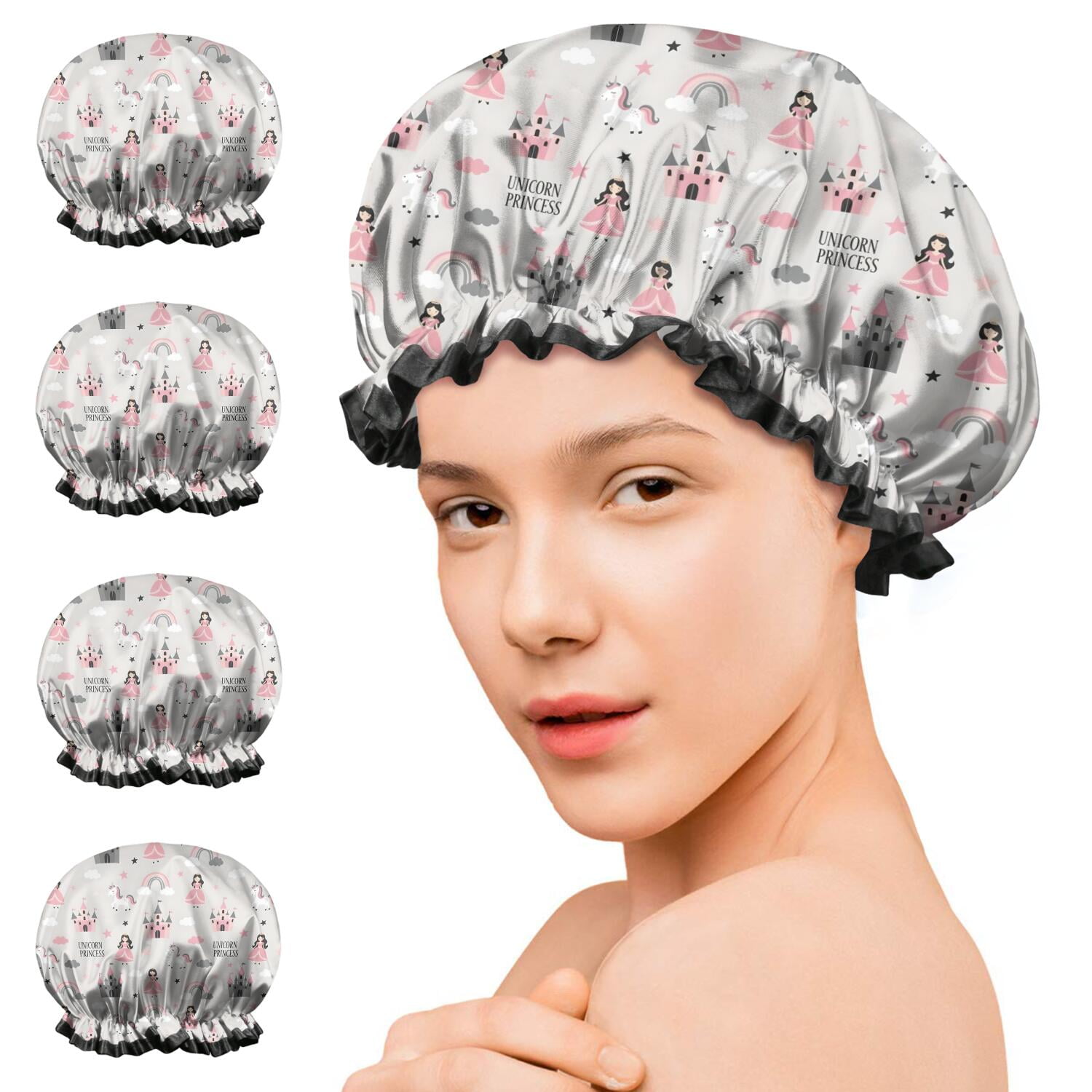 Shower Caps,Unicorn Princess Castle Pattern Waterproof Shower Cap for Women 4 Pieces,Double Reusable Hair Cover for Shower PEVA Elastic Stretch Hem