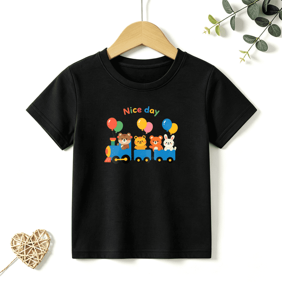Girls Graphic Tees Animal Train Party Kids T Shirt Nice Day 100% Cotton Short Sleeve Soft Tops 4-13Y