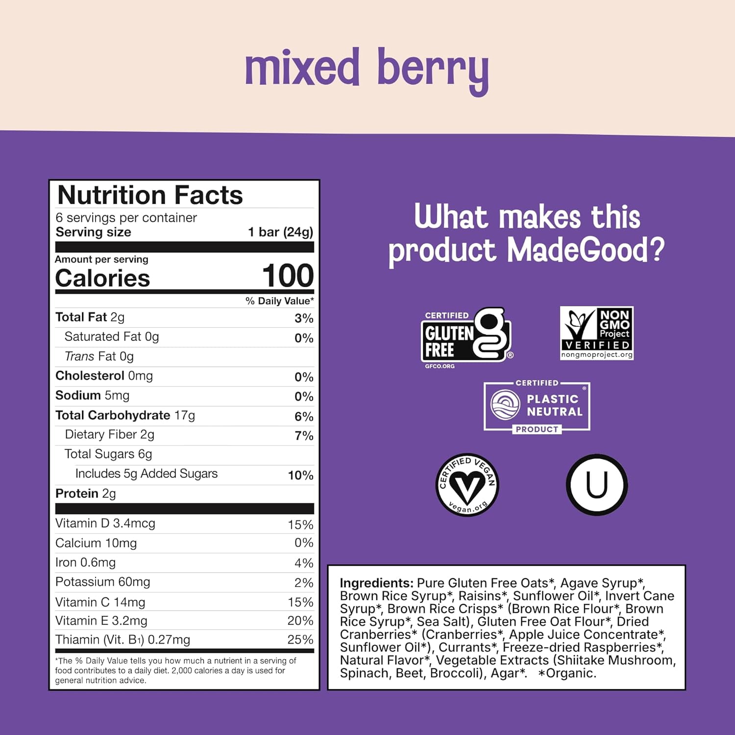 MadeGood Organic Granola Bars Gluten Free Mixed Berry 6 Bars Pack of 4