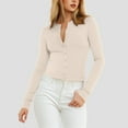 thumbnail image 2 of Kaprioy Womens Breathable Slim Fit Cropped Cardigan Button Up Long Sleeve Casual Sexy Basic Shirt Tops Fall Fashion Clothing Beige, XL, 2 of 6
