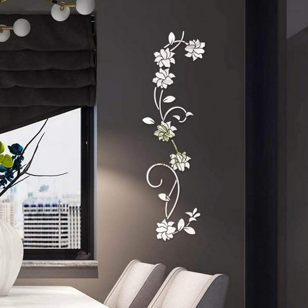 Flower Vine Acrílico Espejo Adhesivos de pared, Elegante espejo Adhesivo de pared, Adhesivo Espejo de pared Decoración de pared para el hogar Sala de estar Dormitorio Decoración, Plata ZefeiWu 1327533429191