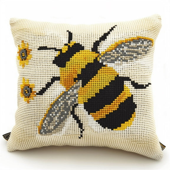 Bee Stamped Cross Stitch Pillow Case Kits 11 Count Cross Stitch Kits for Beginners Adults 17.72" x 17.72" DIY Needlepoint Handmade Embroidery Kit Home Decoration for Bedroom Sofa