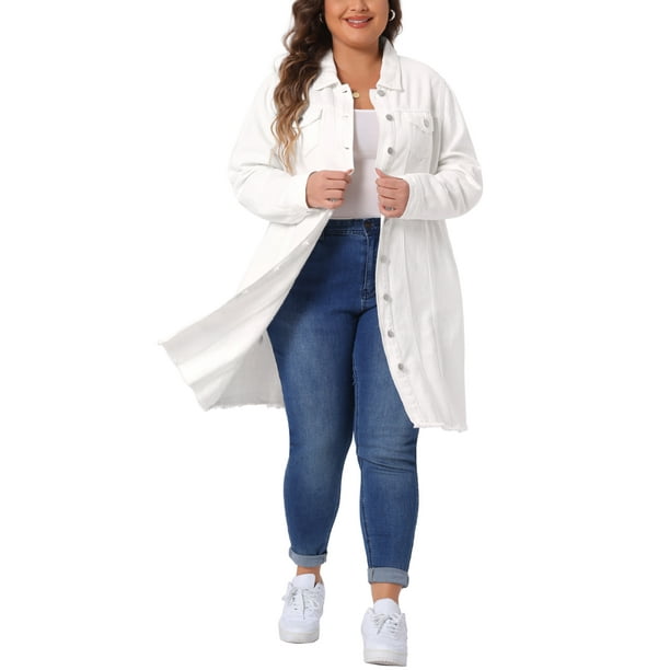 Chaqueta de mezclilla de manga larga para mujer de tallas grandes Agnes Orinda, longitud maxi, 2X, blanca