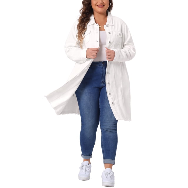 Chaqueta de mezclilla de manga larga para mujer de tallas grandes Agnes Orinda, longitud maxi, 2X, blanca