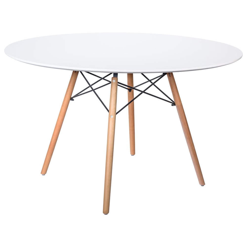 LeisureMod Dover Round Wooden Top Dining Table W/ Natural Wood Eiffel Base, White