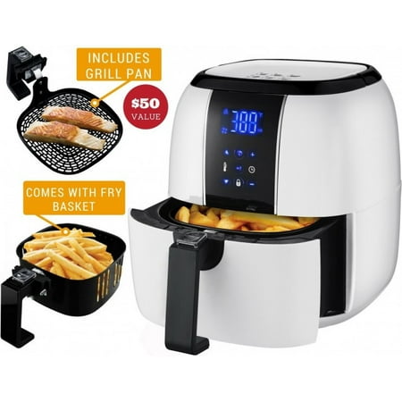 - Ovente Electric Air Fryer with 6 Preset Functions, 3.2 Qt, 1400 Watts, LED Display, Adjustable Temperature Controls, Includes Fry Basket and Pan, White (FAD61302W)