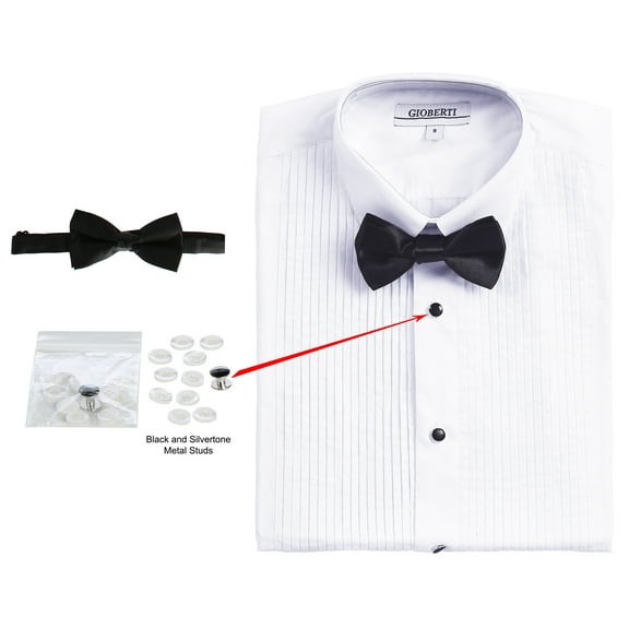 Gioberti Boy's White Tuxedo Dress Shirt, with Bow Tie and Metal Studs