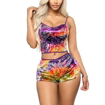 

JBEELATE Women s Velvet 2PCS Outfits Spaghetti Strap Crop Top and Shorts Pajama Sets Pjs Lounge Wear