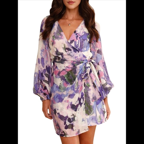 Vestido Corto Femenino de con Estampado Floral, Larga, Corte A, Cuello Cruzado, Espalda Anudada Púrpura L