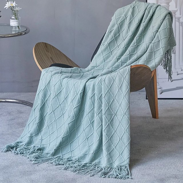Inyahome-Manta de punto con borlas para sofá y cama, cobertor ligero y decorativo de granja, tejido suave y acogedor