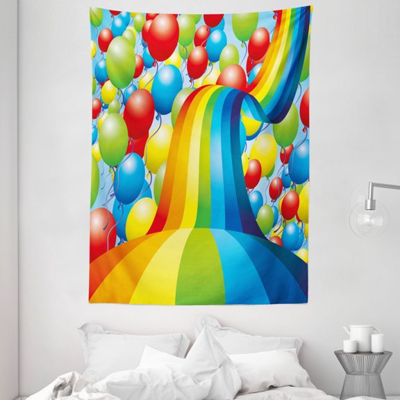 Birthday Decorations Tapestry, Many Vibrant Balloons Wavy Rainbow Ribbons Festive Celebration Mood, Wall Hanging for Bedroom Living Room Dorm Decor, 60W X 80L Inches, Multicolor, by Ambesonne