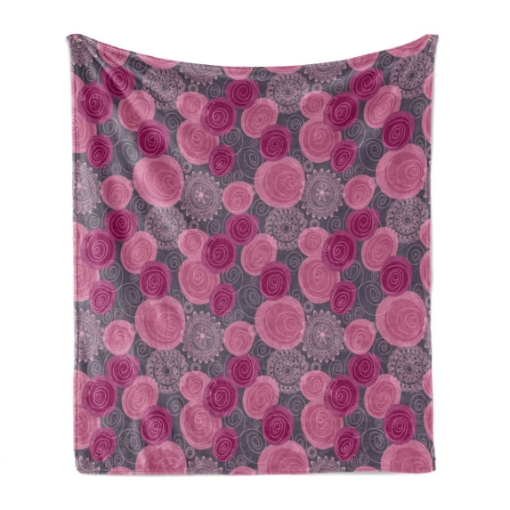 Pink and Grey Soft Flannel Fleece Blanket, Doodle Style Lace Swirled Circle Flower Pattern Ornamental Flourish, Cozy Plush for Indoor and Outdoor Use, 60" x 80", Fuchsia Magenta Grey, by Ambesonne