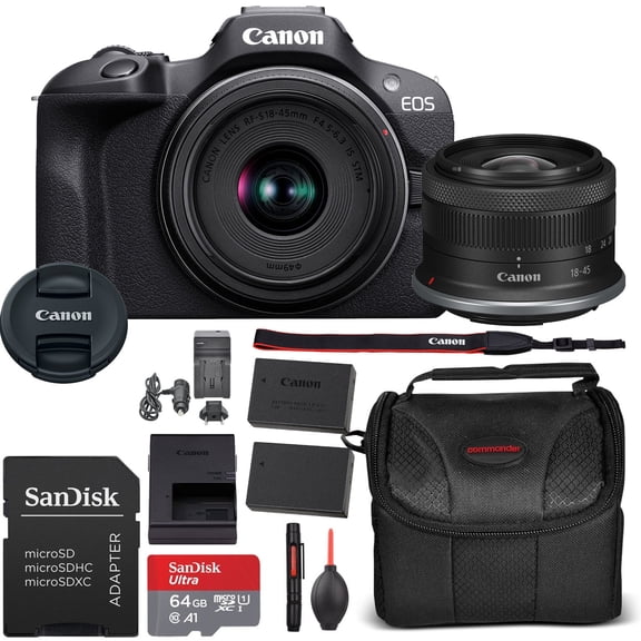 Canon EOS R100 Mirrorless Camera with 18-45mm Lens Bundle 64GB Memory, Padded Shoulder Case and More (International Version)