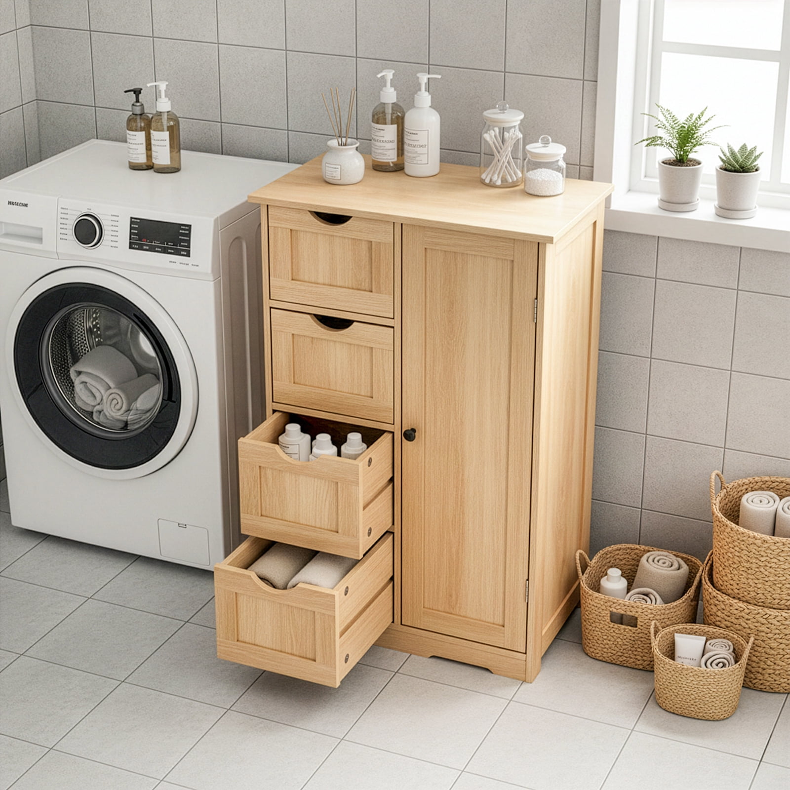 Ktaxon Wooden Bathroom Floor Cabinet, Side Storage Organizer with 4 Drawers, 1 Cupboard & 2-Shelves, Wood