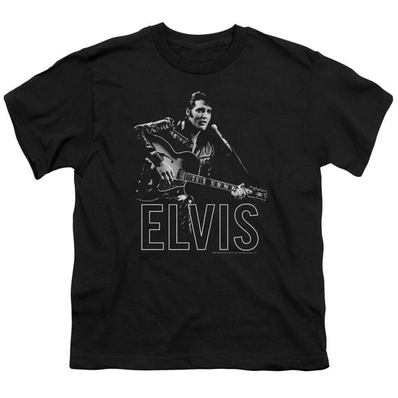 Trevco ELV773-YT-2 Elvis Presley & Guitar in Hand-Short Sleeve Youth 18-1 T-Shirt, Black - Medium