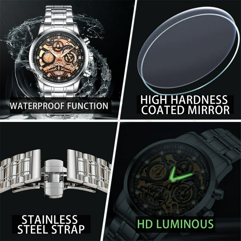 SKMEI Mens Watches Mens Skeleton Watch Chronograph Luxury Diamond Dress Business Analog Quartz Wrist Watches for Men Walmart