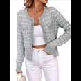 thumbnail image 3 of Blazer de A Cuadros para Mujer, Elegante, Informal, con Botones Al Frente, Cuello Redondo, Larga, Tejido Texturizado Gris M, 3 of 9