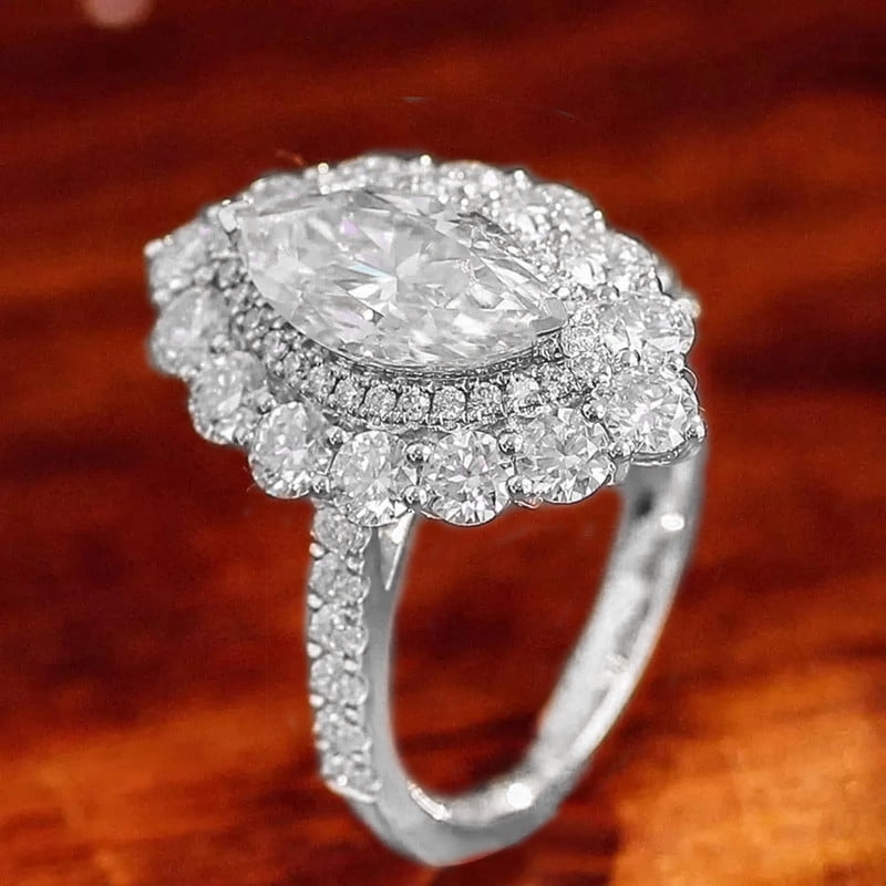 solitaire jewels Art Deco Marquise Moissanite Halo Engagement Ring For Women, 10K White Gold