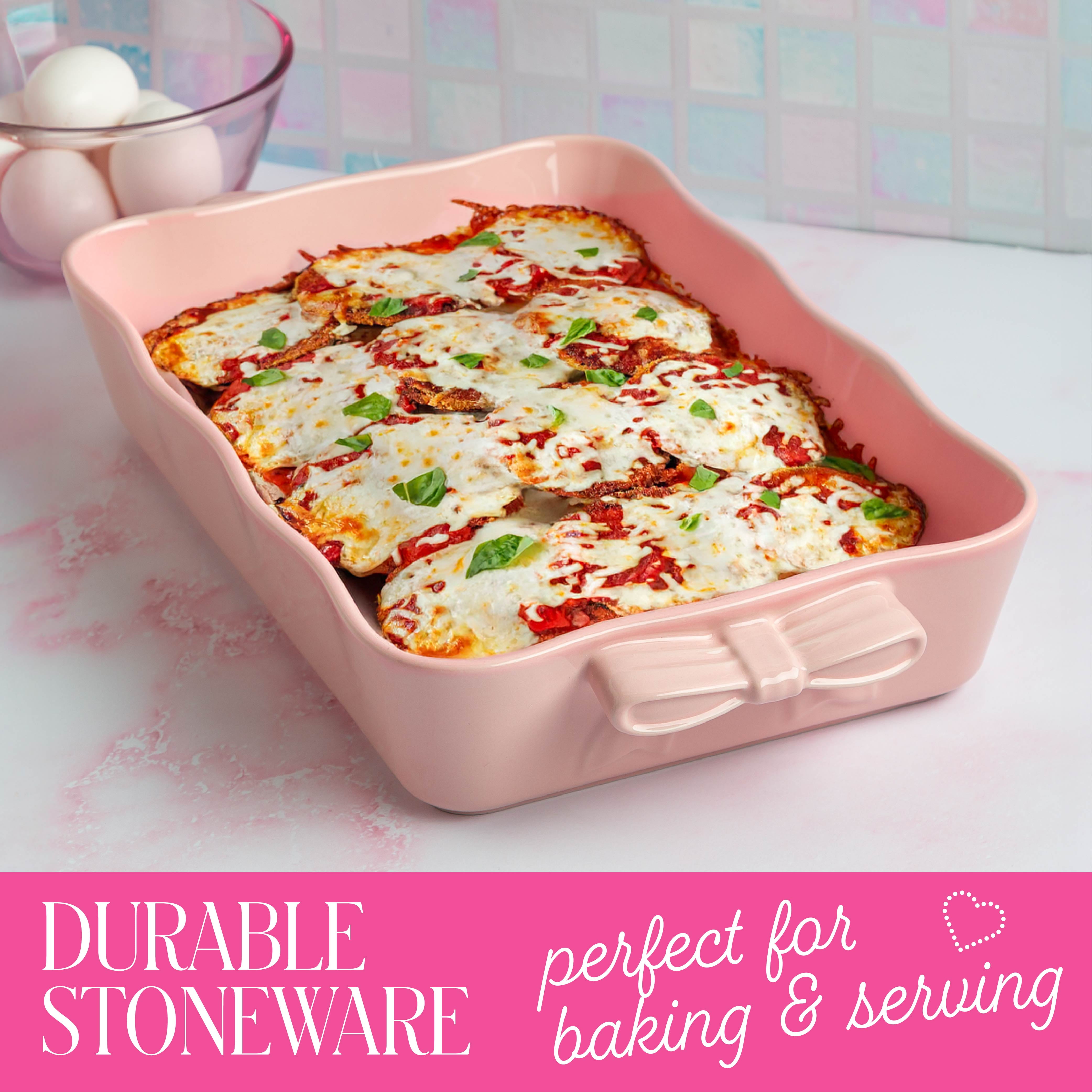 Paris Hilton Ceramic Stoneware Rectangular Lasagna Baker, 13 x 9 x 2.5 Inches, Oven Safe to 450°F, Dishwasher & Microwave Safe, Pink with Bow Handles