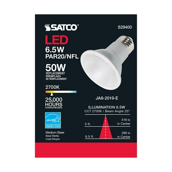 Satco S29400 6.5 Watt; PAR20 LED; 2700K; 25 deg. Beam Angle; Medium base; 120 Volt 6-PACK