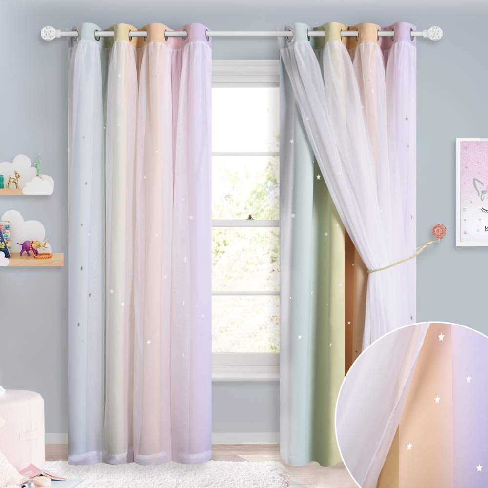 NICETOWN Rainbow Star Curtains for Girls Bedroom, Double Layer Colorful