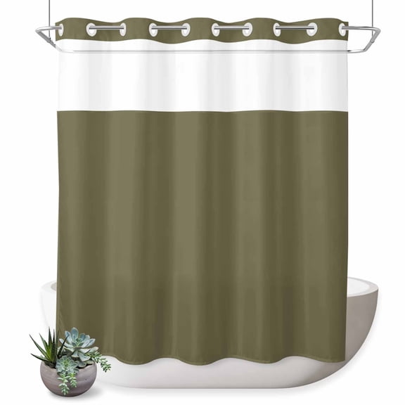 No Hook Shower Curtain, Sage Green Shower Curtains for Bathroom with See Through Top Window, Brown Solid Color Simple Abstract Waterproof & Washable Bath Curtain Long 72"x78"