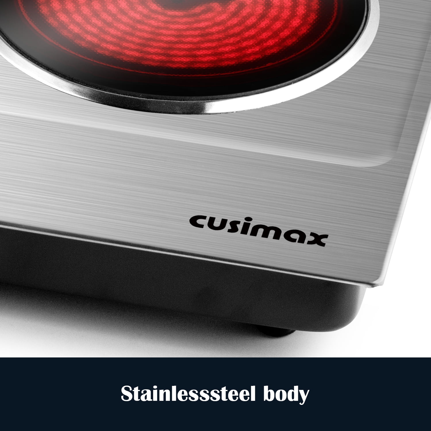 Double Hot Plate, CUSIMAX 1800W Portable Ceramic – Dual Infrared Cooktop with Independent Controls, Stainless Steel & Glass Electric Burner for Countertop Cooking, Upgraded Silver Design