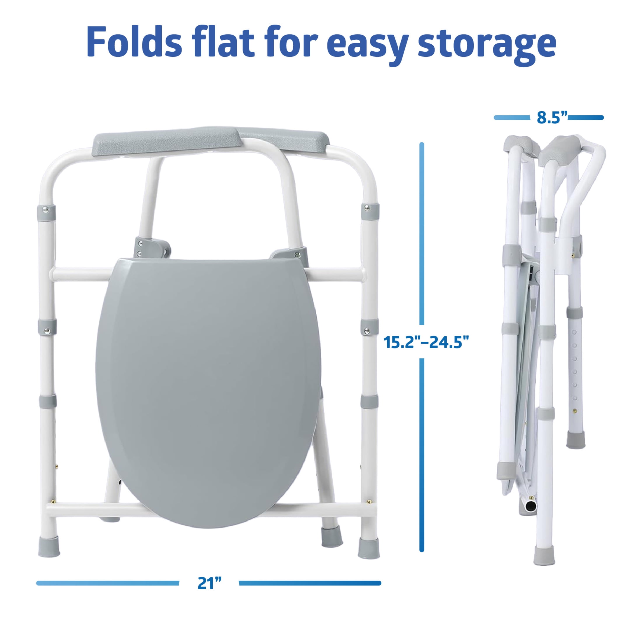 Medline Folding Steel Bedside Commode, Standard Seat, 350 lb Capacity, 3-in-1 Powder Coated Toilet Commode With 7 Qt. Bucket, Clip-on Seat, Easy Cleaning, Tool-Free Assembly, Height Adjustable