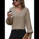 thumbnail image 2 of Camisa Informal Sencilla de Larga con Cuello en V para Mujer, Color Liso, Plisada, con Mangas Farol Caqui XL, 2 of 10