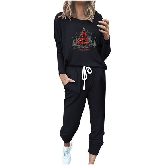 asdoklhq Warm Pajamas for Women Fashionable Loose Printed Long Sleeved Round Neck Drawstring Casual Set Black 2X
