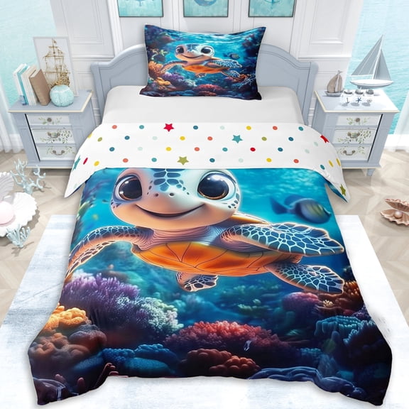Erosebridal Teens Cartoon Sea Turtle Twin Bedding,Boys Girls Kawaii Coastal Ocean Animal Duvet Cover Set,Ultra Soft Home Decor,2pcs,No Comforter