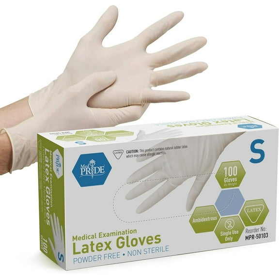 Med Pride Small Latex Gloves Medical Exam 100 count Powder-Free Rubber Gloves, 5 Mil Thick Disposable Gloves, White