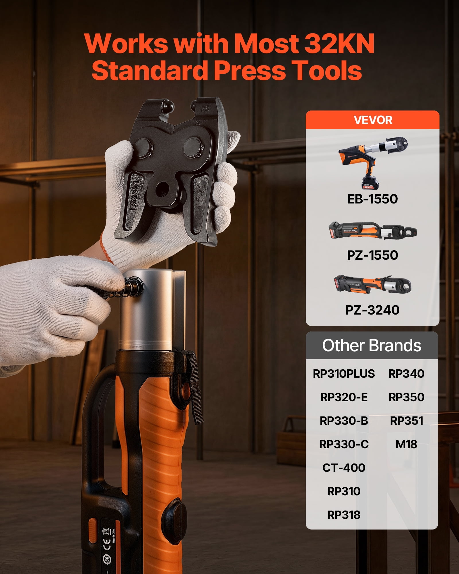 VEVOR 5PCS ProPress Pressing Kit, 4PCS Press Rings (1/2" to 1-1/4") & R8 Actuator for ProPress Copper Pipes, Compatible with 32KN Standard Series Press Tools for 180° Operation - with Case