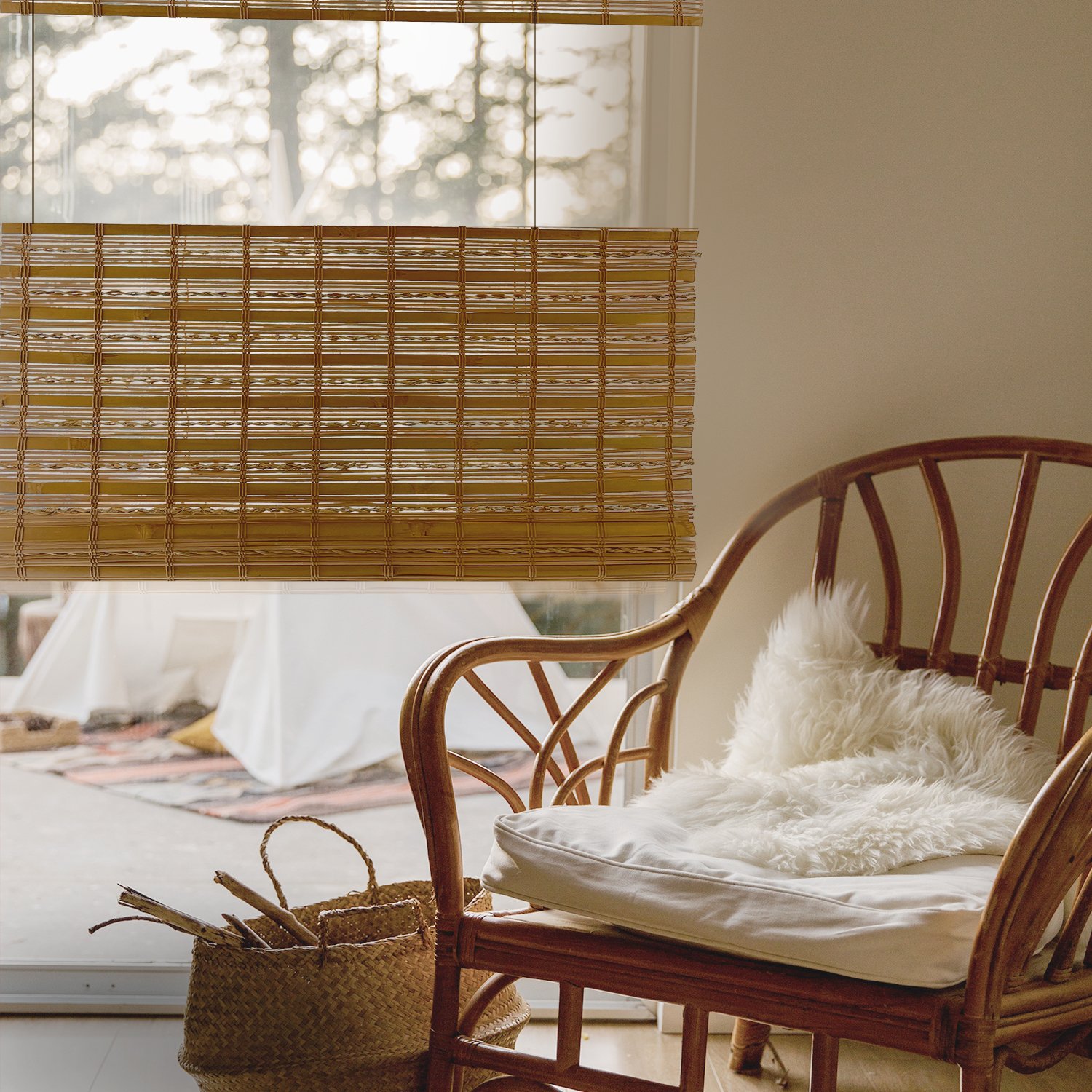 MOOD Custom Bamboo Shades | TWIRL | Top Down Bottom Up Cordless | Natural Woven Wood Roman Shades for Windows | Maple Twirl (Sheer) | 55