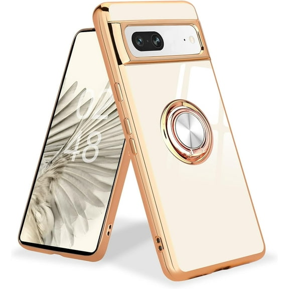 Compatible with Google Pixel 7a Case Ring Holder for Women Girls, Finger Rotating Kickstand Magnetic Car Stand Soft Bumper Cover, Shockproof Phone Case for Google Pixel 7a 6.1 inch, White
