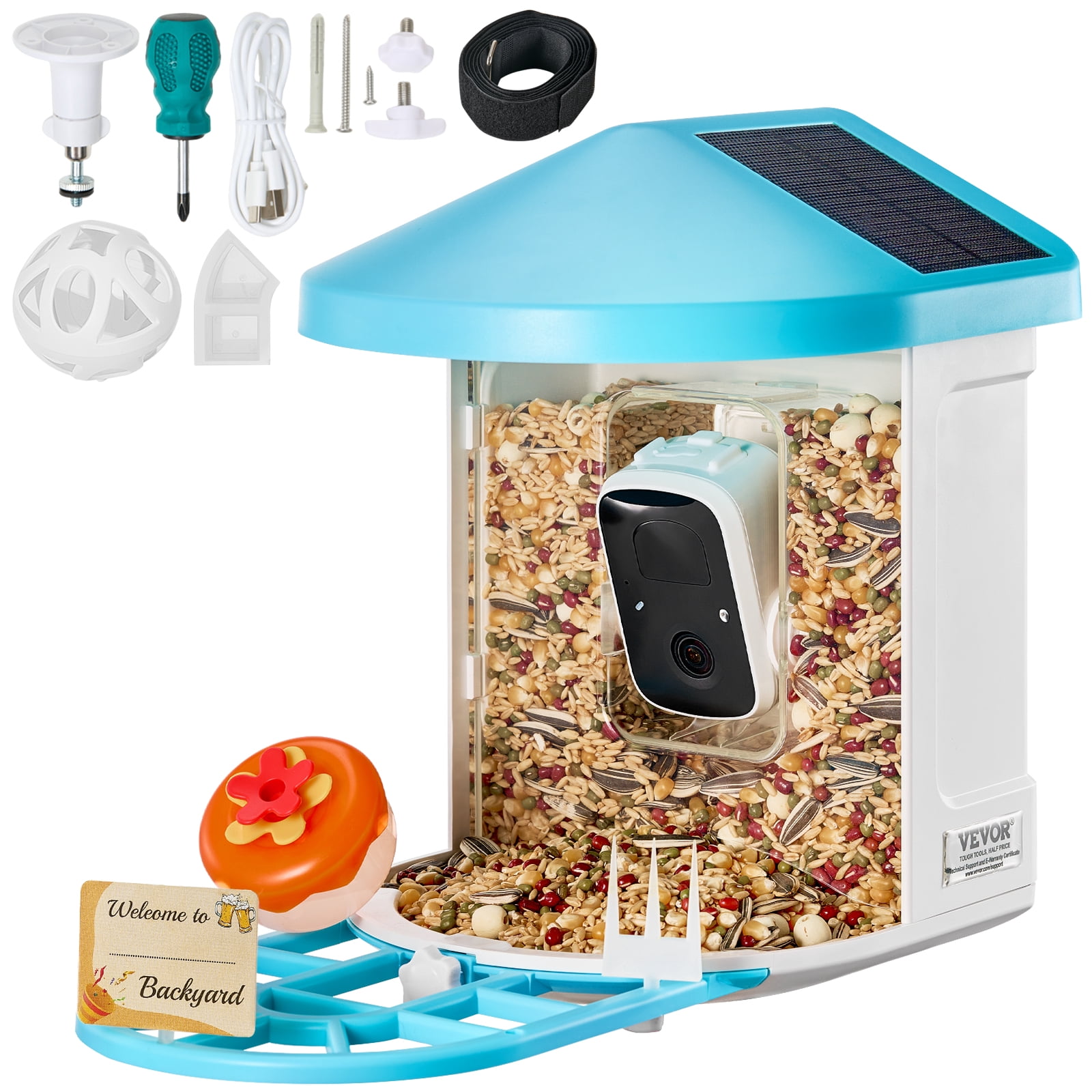 VEVOR Smart Bird Feeder with Camera, 2K HD AI Identify 10000+ Bird Species, Solar-Powered Bird Watching Camera with Auto Capture & Instant Notify, Wireless Outdoor Gift (2 Solar Panels)