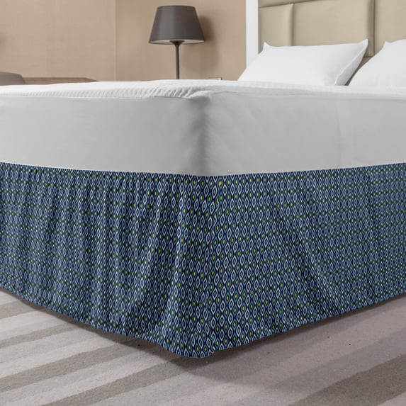 Navy Bed Skirt, Abstract Leaf Form with Inner Circle Spots in Vibrant Tones Hippie Pattern, Elastic Bedskirt Dust Ruffle Wrap Around for Bedding Decor, 4 Sizes, Dark Blue Yellow White, by Ambesonne