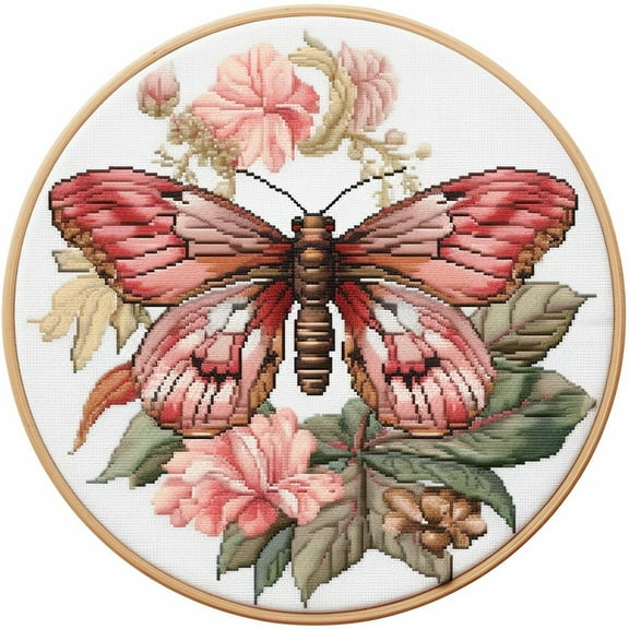 Big Moth and Flower DIY Stamped Cross Stitch Kits for Beginners Easy with Hoop 11CT Needlepoint Embroidery Counted Cross Stitch Kits Art Craft Wall Decoration 35x35cm(2)