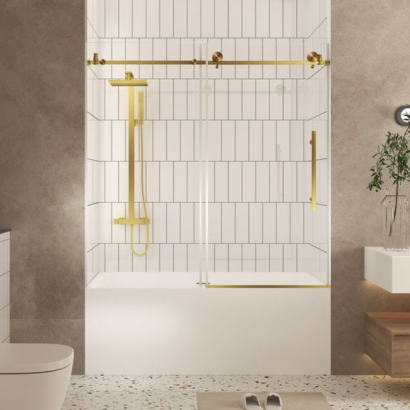 Frameless Shower Door 60" W x 60" H, 6mm Tempered Glass with Explosion-Proof Film, Stainless Steel Handle, Brushed Gold Finish, Water-Blocking Base for Modern Bathrooms