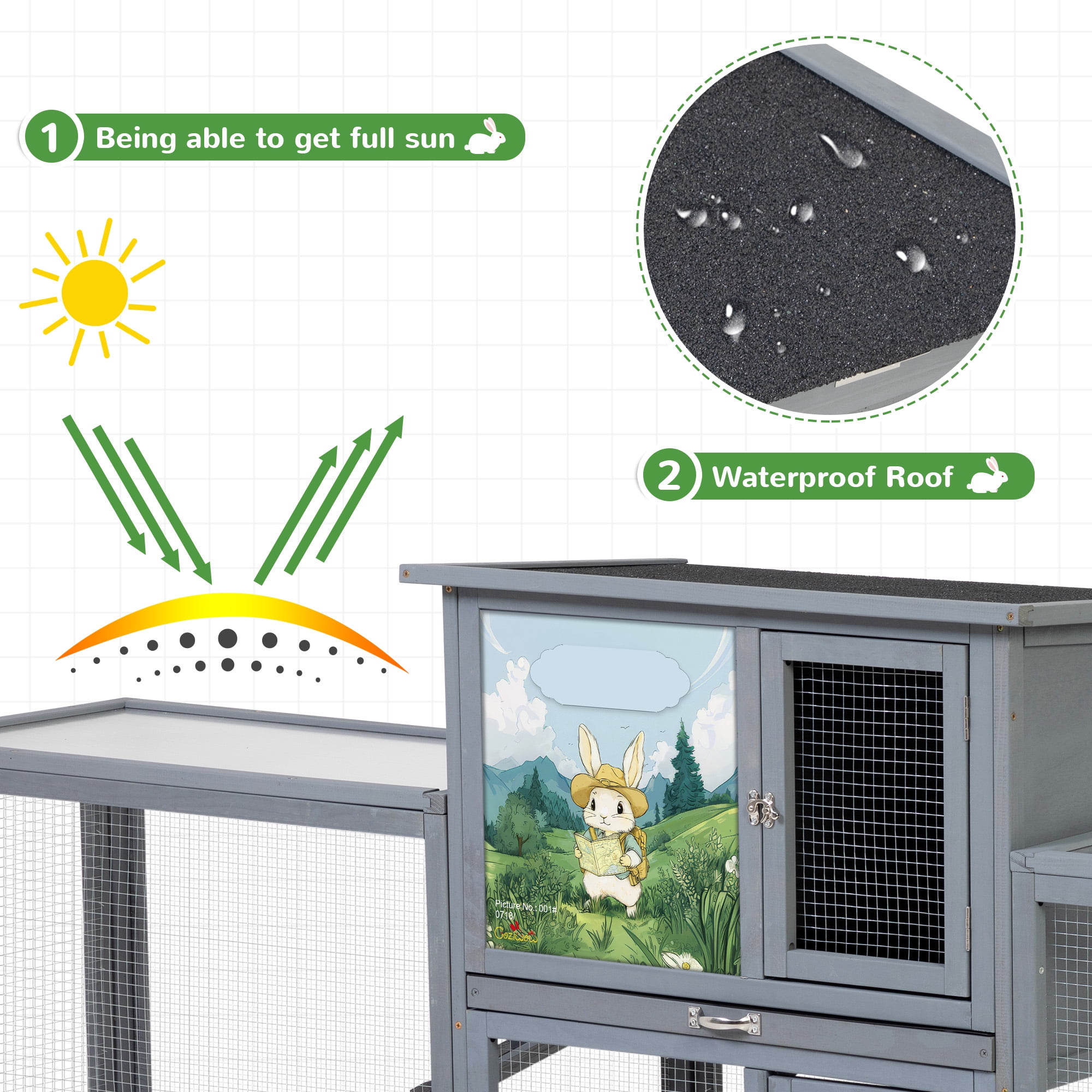 Outdoor 2-Story Rabbit Hutch, Chicken Coop,Large Bunny House with 2 Runs, Resting Room, PC Sun Roof, Pull-Out Tray,Guinea Pig Cage Enclosure