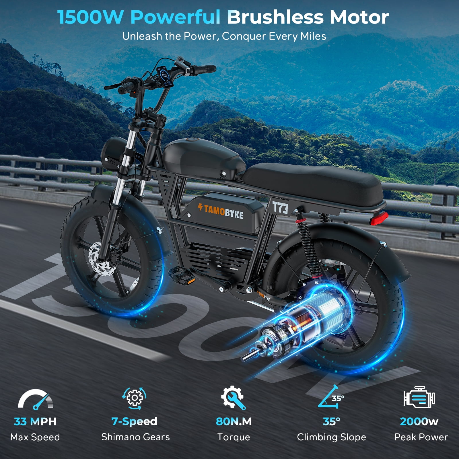 Tamobyke Electric Bike for Adults, 1500W 33mph 48V 36.4Ah Dual Battery Mountain Ebike,20" Fat Tire Full Suspension UL2849