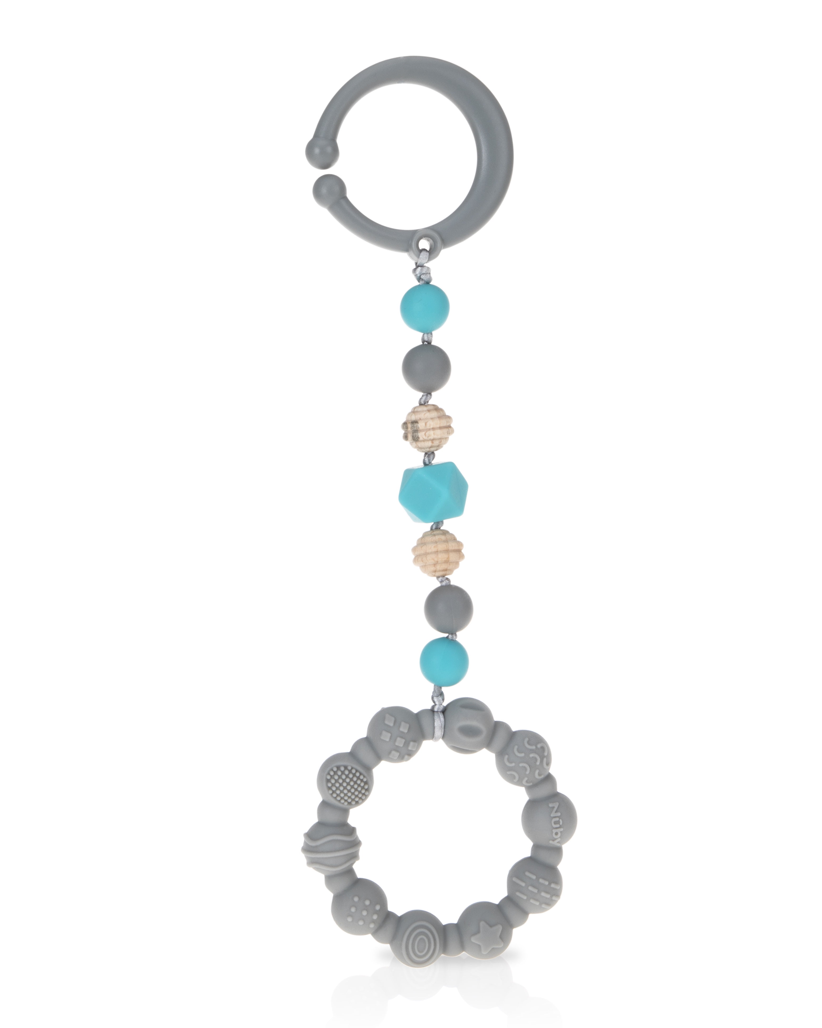 Nuby Tag-A-Long Teether, Silicone Teething Ring with Beaded String and Clip
