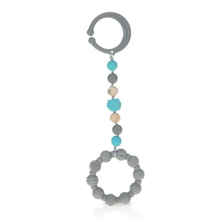 Nuby Tag-a-Long Silicone Infant Teether Toy with Ring, Beaded String, and Clip, Gray Baby Teether