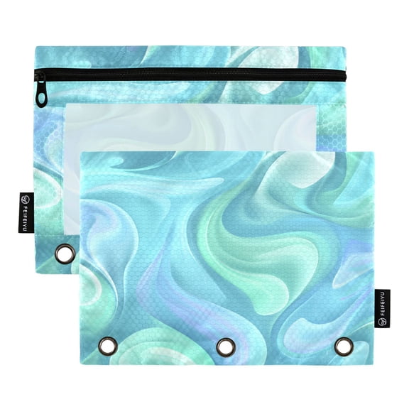 2 Pack 3 Ring Binder Pouch with Clear PVC Window Water Resistant Zipper Pencil Pouch Cool Tone Marble Swirl Binder Pocket for Classroom Office Home Stationery Organization